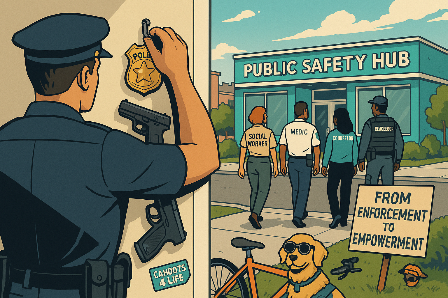 Police officer hanging up his gun while a new group of community peace keepers hit the streets!