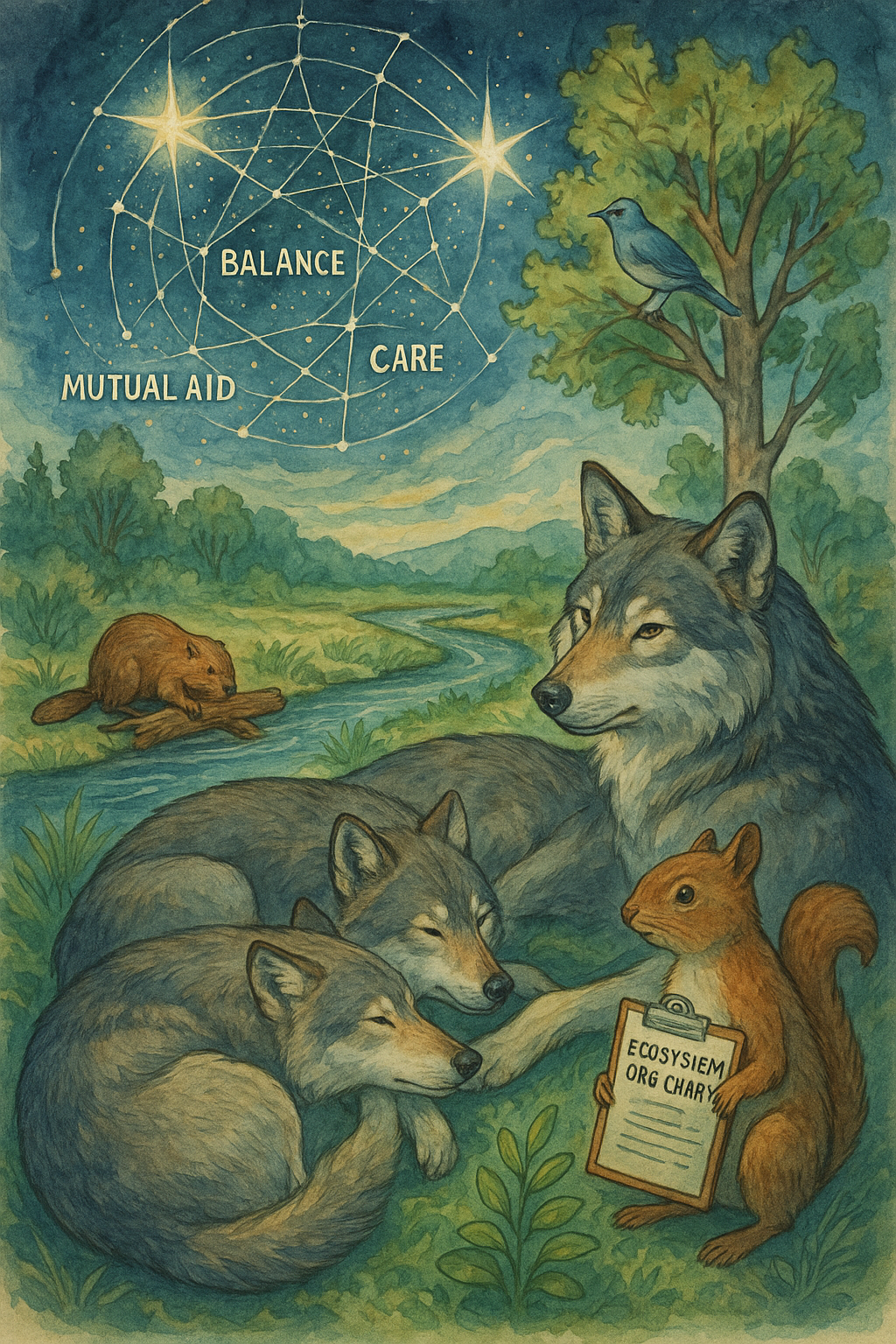 wolves resting by a river while a beaver gets wood 🤪 and a squirrel holds a clipboard reading  "ecosystem org chart"