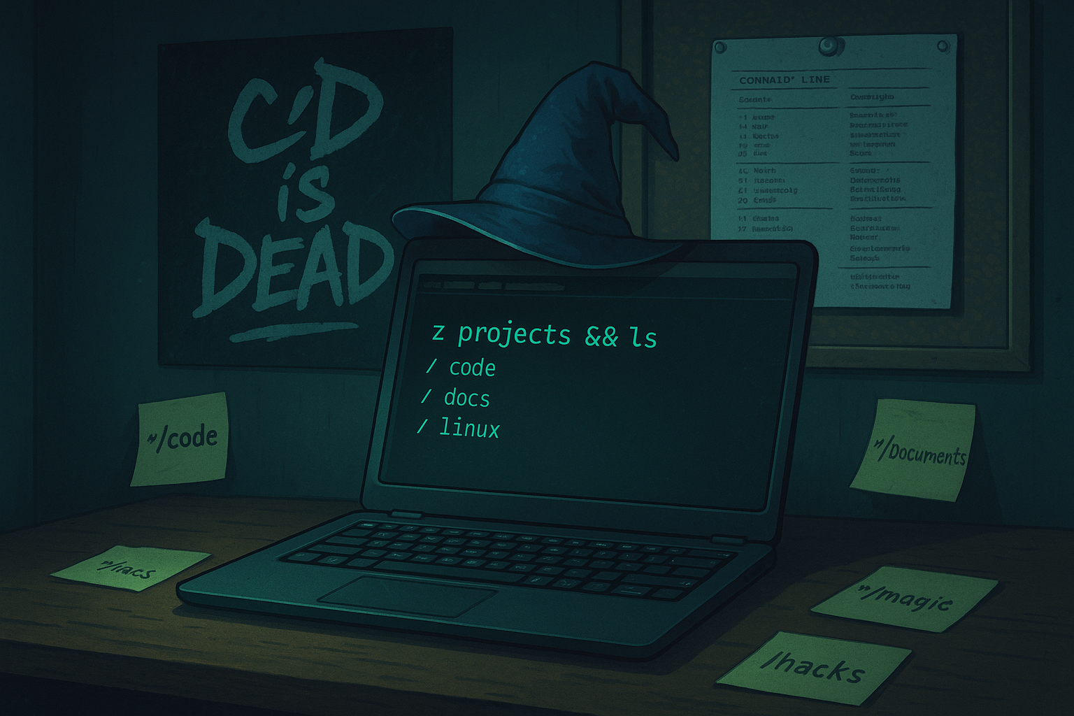 laptop sitting on a desk with a wizard hat on the monitor, a poster on the wall in th backgroun that reads "cd is dead" and assorted post it notes everywhere