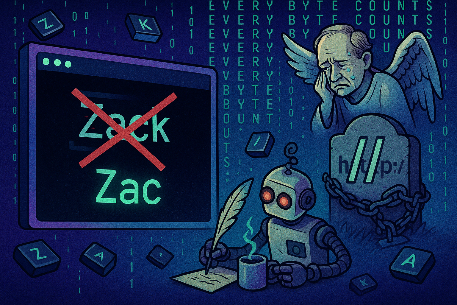 A humorous and semi-surreal digital illustration of a terminal window floating in cyberspace with the name "Zack" typed in and a giant red "X" crossing it out — below it, "Zac" appears in glowing green text, streamlined and victorious. A pixelated Tim Berners-Lee angel floats nearby, weeping over two giant forward slashes ("//") chained to a URL tombstone. Surrounding the scene are flying keyboard keys, a caffeinated AI bot scribbling with a quill, and binary rain that spells out “EVERY BYTE COUNTS.” Style: semi-realistic with graphic novel flair — deep blues and purples with neon green and red accents — humorous, absurd, and distinctly tech-noir.