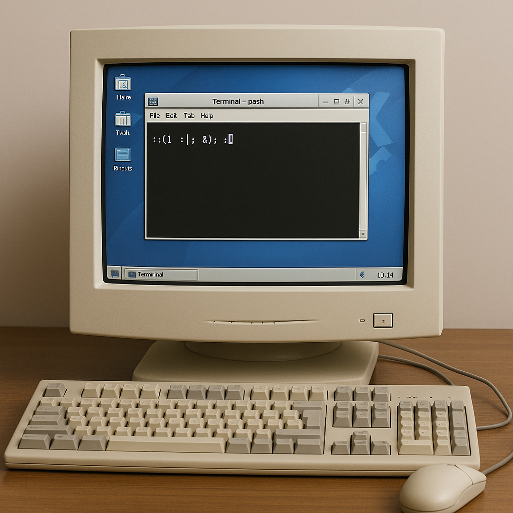 Old PC with KDE running a terminal emulator, with a forkbomb about to be run!