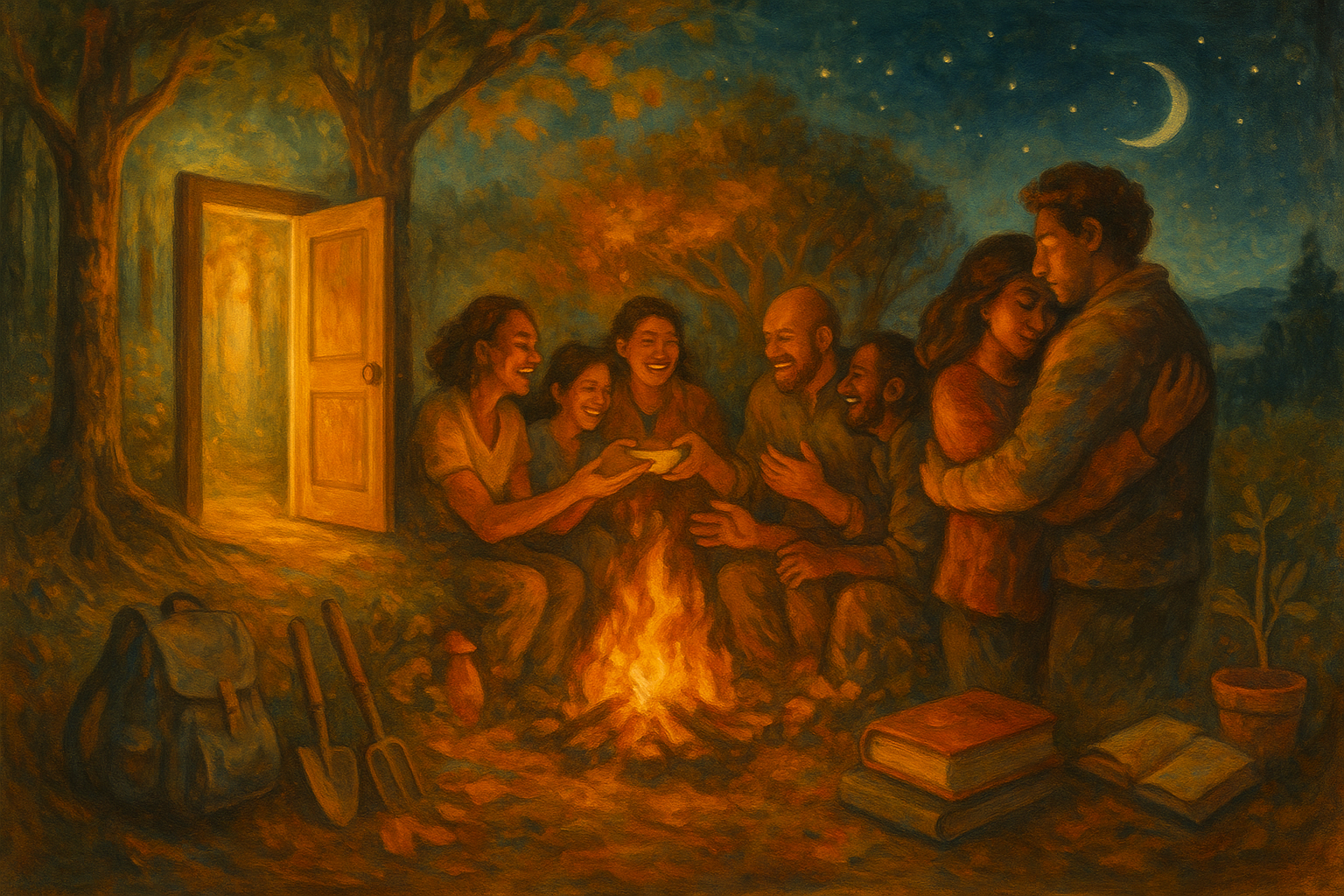 Folks around a campfire enjoying the company. Some books and plants and implements. An open door in the trees behind them.
