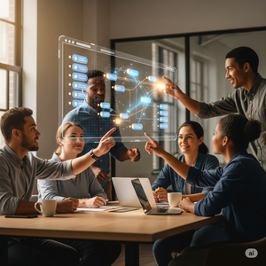 Errthing on this site is AI sloppy top. This pic is folks sitting around pointing a desk pointing at a holographic display