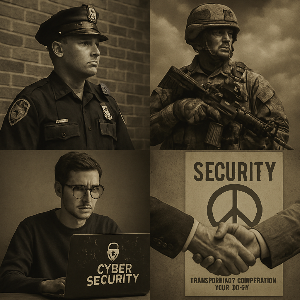 a cop, military man, nerd at a computer, and a handshake in front of a peace sign