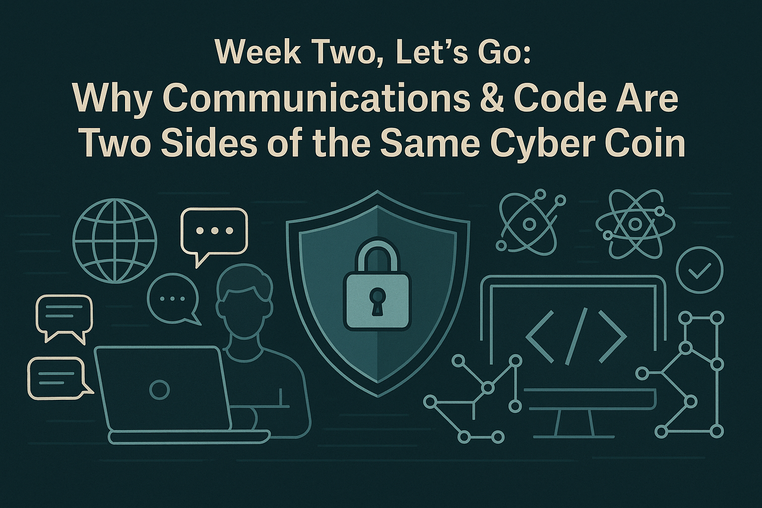 Illustration of a digital shield with a padlock at the center, symbolizing cybersecurity. On the left, a laptop user is surrounded by speech bubbles and a globe icon representing communication. On the right, a monitor with code brackets, nodes, and atom icons symbolizes IT and coding.