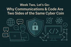 Illustration of a digital shield with a padlock at the center, symbolizing cybersecurity. On the left, a laptop user is surrounded by speech bubbles and a globe icon representing communication. On the right, a monitor with code brackets, nodes, and atom icons symbolizes IT and coding.