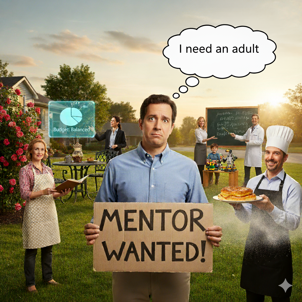 A bewildered man in his mid-40s holds a "Mentor Wanted!" sign while in the background, other adults flawlessly bake, budget, and teach complex subjects.
