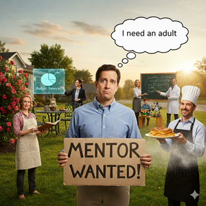 A bewildered man in his mid-40s holds a "Mentor Wanted!" sign while in the background, other adults flawlessly bake, budget, and teach complex subjects.